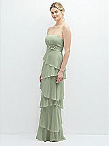 Side View Thumbnail - Sage Strapless Asymmetrical Tiered Ruffle Chiffon Maxi Dress with Handworked Flower Detail