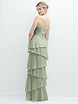 Rear View Thumbnail - Sage Strapless Asymmetrical Tiered Ruffle Chiffon Maxi Dress with Handworked Flower Detail