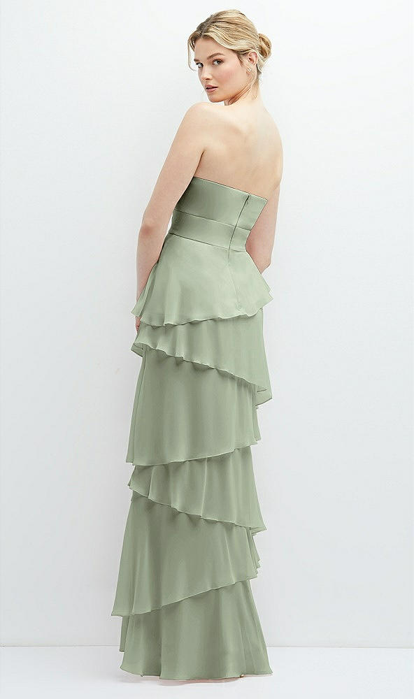 Back View - Sage Strapless Asymmetrical Tiered Ruffle Chiffon Maxi Dress with Handworked Flower Detail