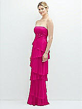 Side View Thumbnail - Think Pink Strapless Asymmetrical Tiered Ruffle Chiffon Maxi Dress with Handworked Flower Detail