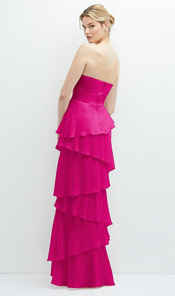 Back View - Think Pink Strapless Asymmetrical Tiered Ruffle Chiffon Maxi Dress with Handworked Flower Detail