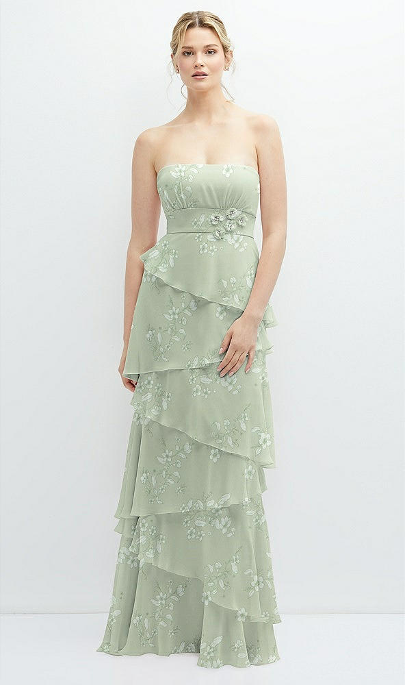 Front View - Vintage Primrose Sage Strapless Asymmetrical Tiered Ruffle Chiffon Maxi Dress with Handworked Flower Detail