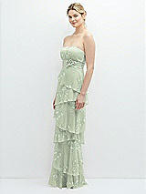 Side View Thumbnail - Vintage Primrose Sage Strapless Asymmetrical Tiered Ruffle Chiffon Maxi Dress with Handworked Flower Detail