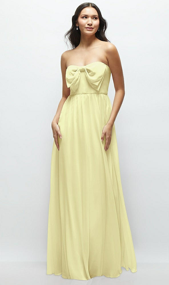 Front View - Butter Yellow Strapless Chiffon Maxi Dress with Oversized Bow Bodice