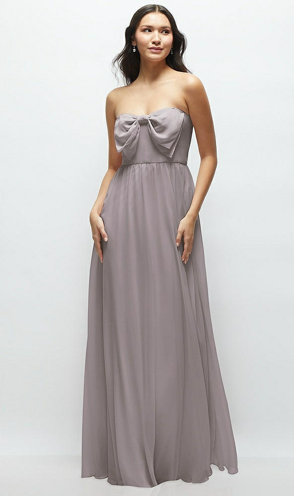 Front View - Cashmere Gray Strapless Chiffon Maxi Dress with Oversized Bow Bodice