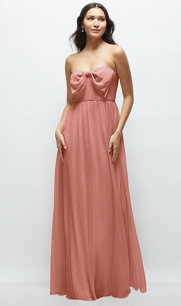 Front View - Desert Rose Strapless Chiffon Maxi Dress with Oversized Bow Bodice