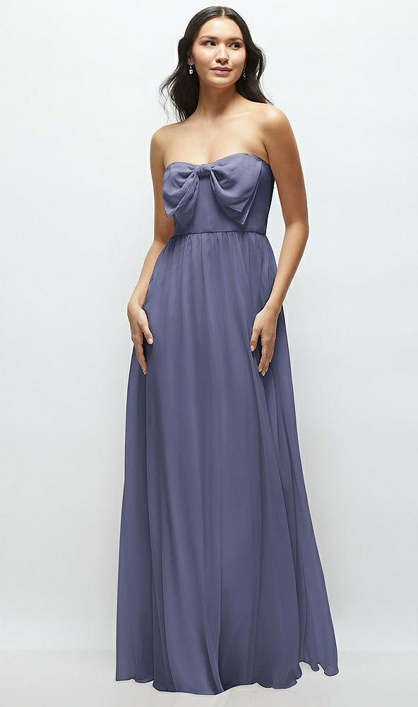 Front View - French Blue Strapless Chiffon Maxi Dress with Oversized Bow Bodice