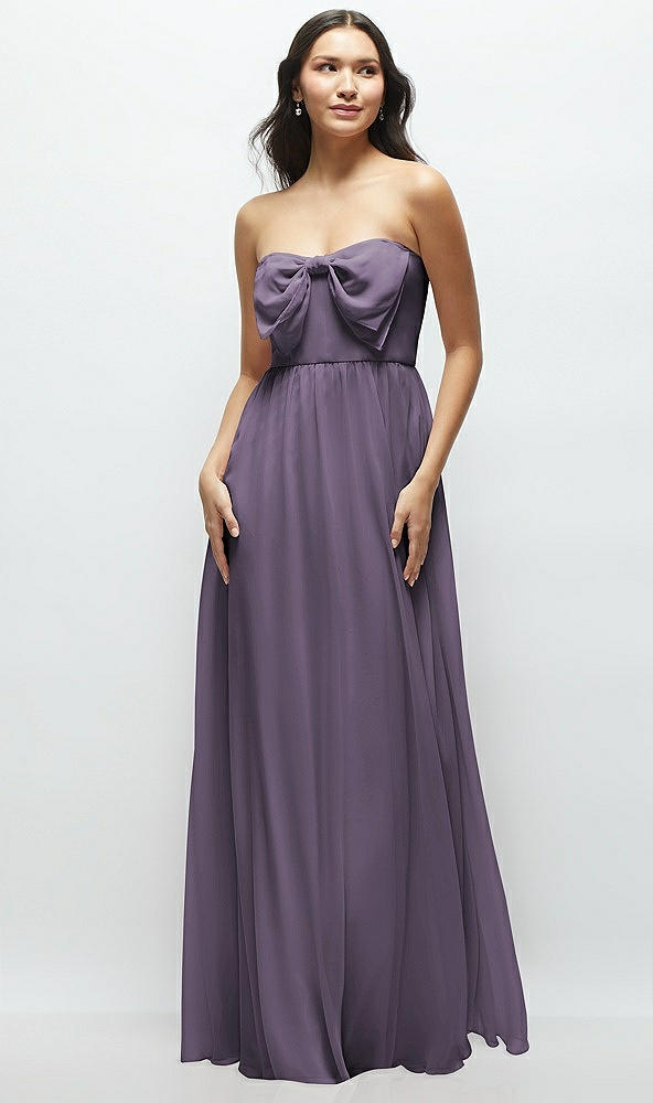 Front View - Lavender Strapless Chiffon Maxi Dress with Oversized Bow Bodice