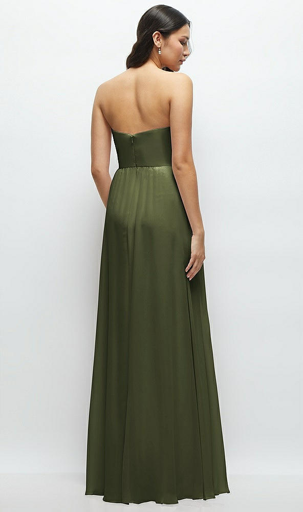 Back View - Olive Green Strapless Chiffon Maxi Dress with Oversized Bow Bodice