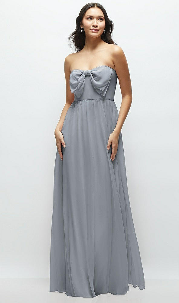 Front View - Platinum Strapless Chiffon Maxi Dress with Oversized Bow Bodice