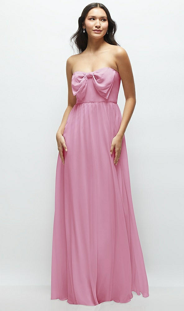 Front View - Powder Pink Strapless Chiffon Maxi Dress with Oversized Bow Bodice