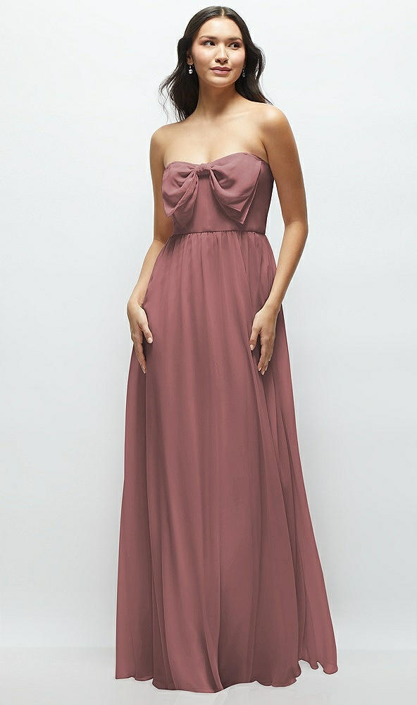 Front View - Rosewood Strapless Chiffon Maxi Dress with Oversized Bow Bodice