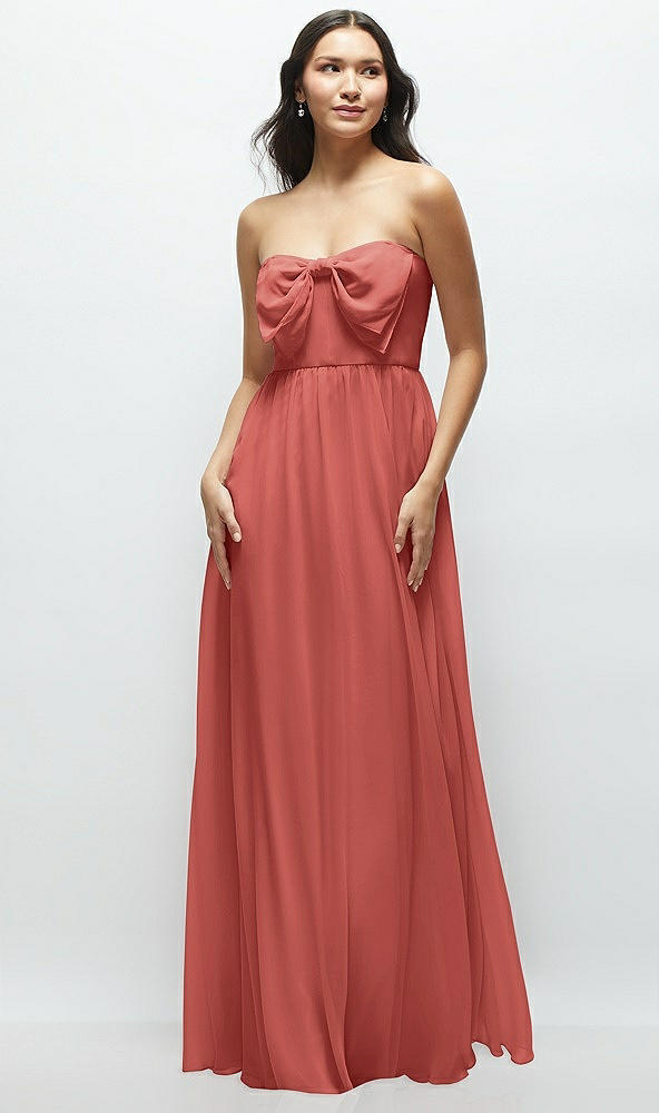 Front View - Coral Pink Strapless Chiffon Maxi Dress with Oversized Bow Bodice