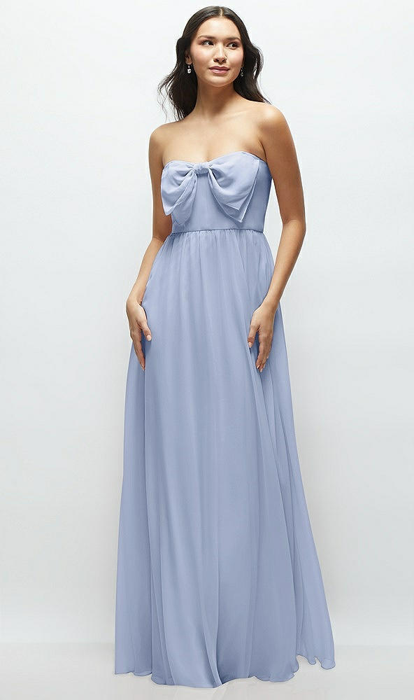 Front View - Sky Blue Strapless Chiffon Maxi Dress with Oversized Bow Bodice