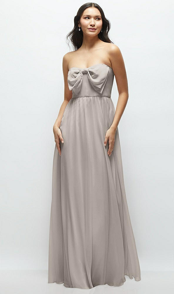 Front View - Taupe Strapless Chiffon Maxi Dress with Oversized Bow Bodice