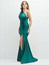 Alt View 1 Thumbnail - Peacock Teal Asymmetrical Open-Back One-Shoulder Stretch Satin Mermaid Dress