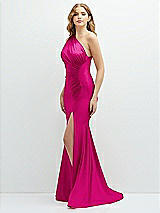 Alt View 1 Thumbnail - Think Pink Asymmetrical Open-Back One-Shoulder Stretch Satin Mermaid Dress