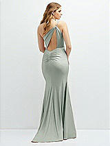 Rear View Thumbnail - Willow Green Asymmetrical Open-Back One-Shoulder Stretch Satin Mermaid Dress