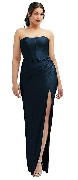 Strapless Stretch Satin Corset Dress with Draped Column Skirt