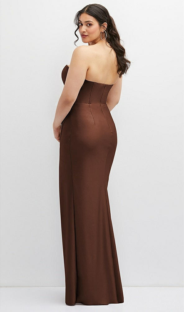 Back View - Cognac Strapless Stretch Satin Corset Dress with Draped Column Skirt