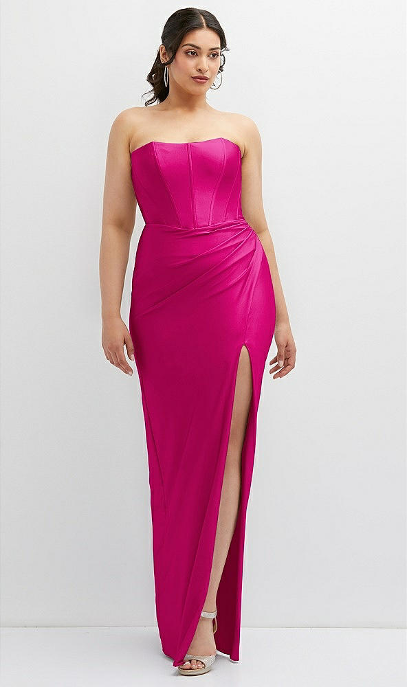 Front View - Think Pink Strapless Stretch Satin Corset Dress with Draped Column Skirt