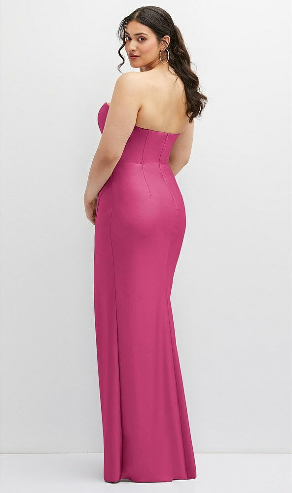 Back View - Tea Rose Strapless Stretch Satin Corset Dress with Draped Column Skirt