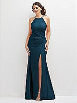 Front View Thumbnail - Atlantic Blue Halter Asymmetrical Draped Stretch Satin Mermaid Dress with Rhinestone Straps