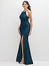 Side View Thumbnail - Atlantic Blue Halter Asymmetrical Draped Stretch Satin Mermaid Dress with Rhinestone Straps