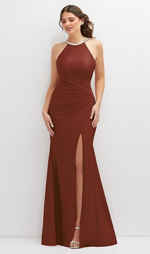 Front View - Auburn Moon Halter Asymmetrical Draped Stretch Satin Mermaid Dress with Rhinestone Straps