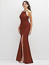 Side View Thumbnail - Auburn Moon Halter Asymmetrical Draped Stretch Satin Mermaid Dress with Rhinestone Straps