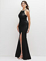 Side View Thumbnail - Black Halter Asymmetrical Draped Stretch Satin Mermaid Dress with Rhinestone Straps