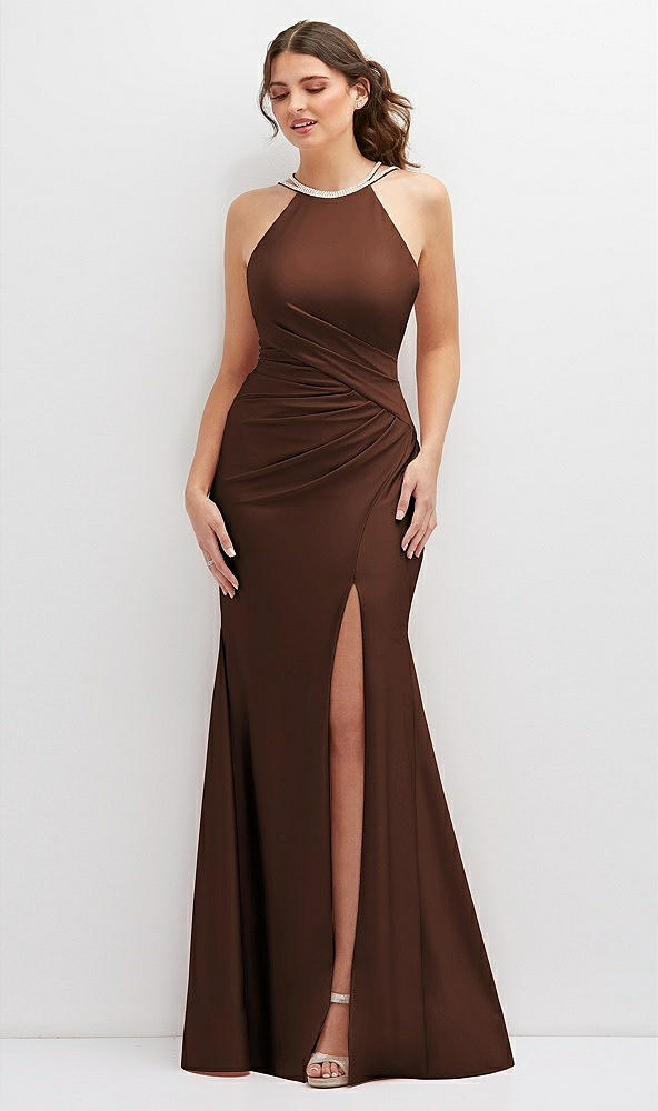 Front View - Cognac Halter Asymmetrical Draped Stretch Satin Mermaid Dress with Rhinestone Straps