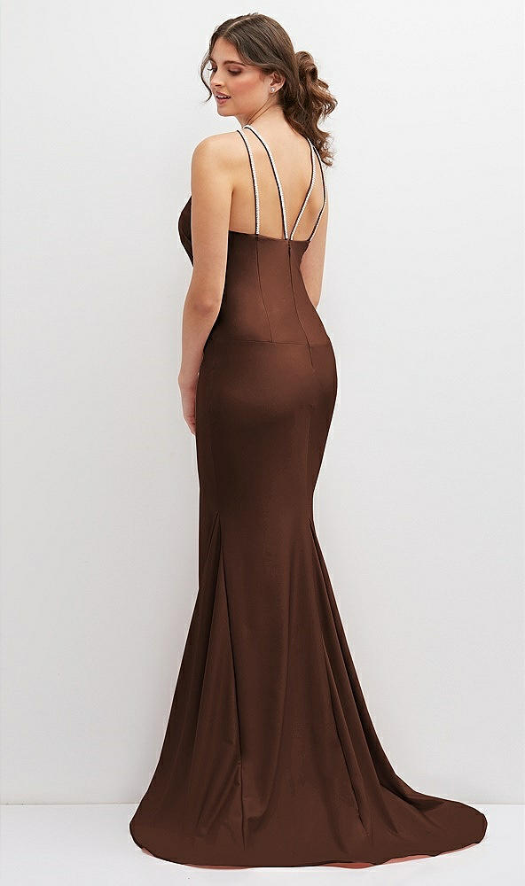 Back View - Cognac Halter Asymmetrical Draped Stretch Satin Mermaid Dress with Rhinestone Straps