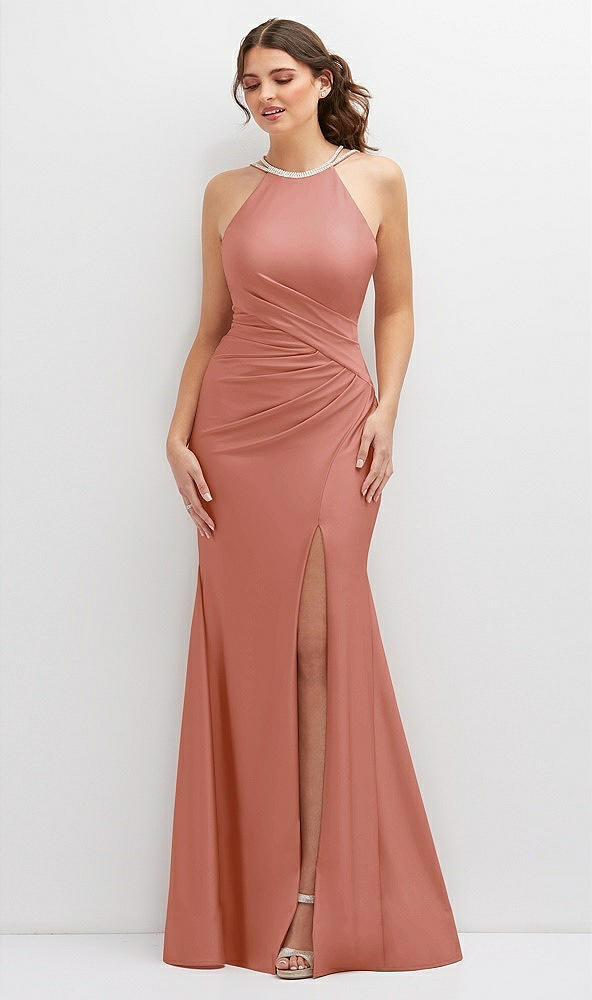 Front View - Desert Rose Halter Asymmetrical Draped Stretch Satin Mermaid Dress with Rhinestone Straps