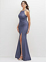 Side View Thumbnail - French Blue Halter Asymmetrical Draped Stretch Satin Mermaid Dress with Rhinestone Straps