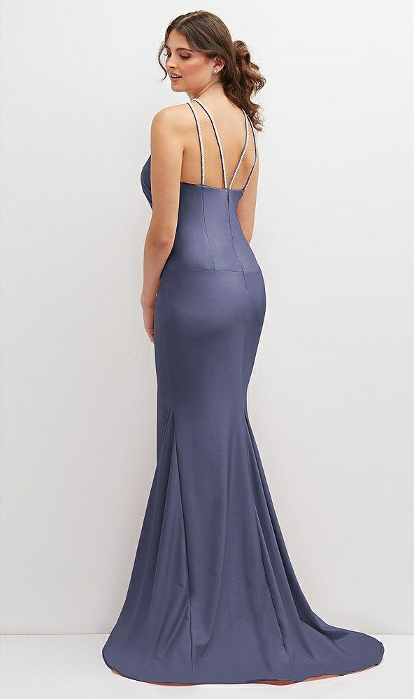 Back View - French Blue Halter Asymmetrical Draped Stretch Satin Mermaid Dress with Rhinestone Straps