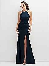 Front View Thumbnail - Midnight Navy Halter Asymmetrical Draped Stretch Satin Mermaid Dress with Rhinestone Straps