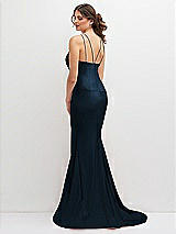 Rear View Thumbnail - Midnight Navy Halter Asymmetrical Draped Stretch Satin Mermaid Dress with Rhinestone Straps