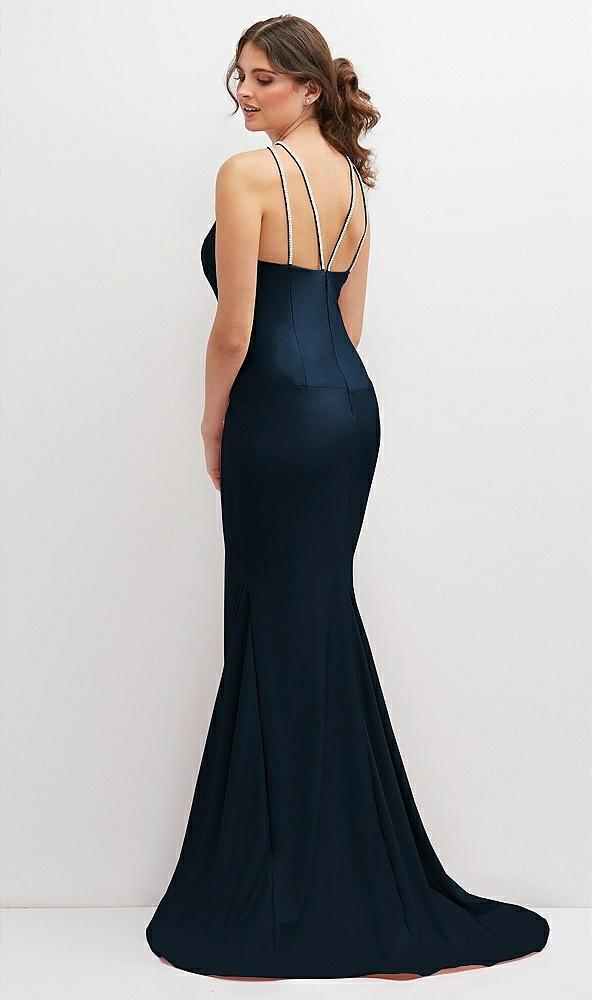 Back View - Midnight Navy Halter Asymmetrical Draped Stretch Satin Mermaid Dress with Rhinestone Straps