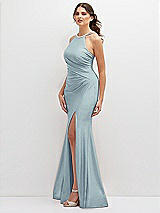 Side View Thumbnail - Mist Halter Asymmetrical Draped Stretch Satin Mermaid Dress with Rhinestone Straps