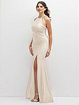 Side View Thumbnail - Oat Halter Asymmetrical Draped Stretch Satin Mermaid Dress with Rhinestone Straps