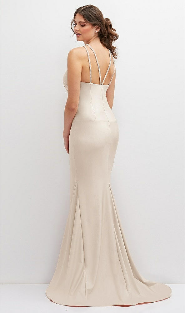 Back View - Oat Halter Asymmetrical Draped Stretch Satin Mermaid Dress with Rhinestone Straps