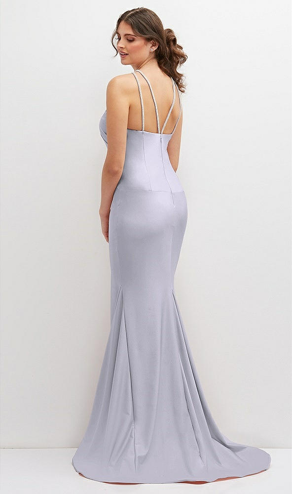 Back View - Silver Dove Halter Asymmetrical Draped Stretch Satin Mermaid Dress with Rhinestone Straps