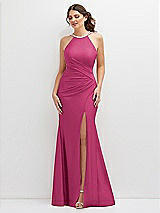 Front View Thumbnail - Tea Rose Halter Asymmetrical Draped Stretch Satin Mermaid Dress with Rhinestone Straps