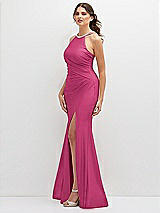 Side View Thumbnail - Tea Rose Halter Asymmetrical Draped Stretch Satin Mermaid Dress with Rhinestone Straps