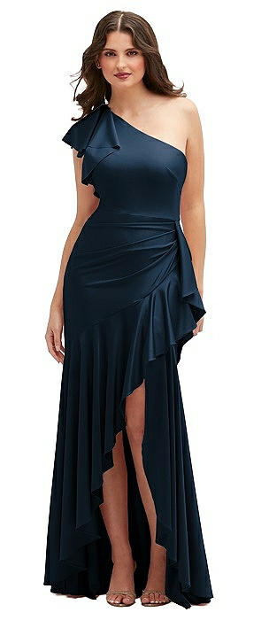 One-Shoulder Stretch Satin Mermaid Dress with Cascade Ruffle Flamenco Skirt