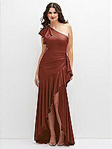 Front View Thumbnail - Auburn Moon One-Shoulder Stretch Satin Mermaid Dress with Cascade Ruffle Flamenco Skirt