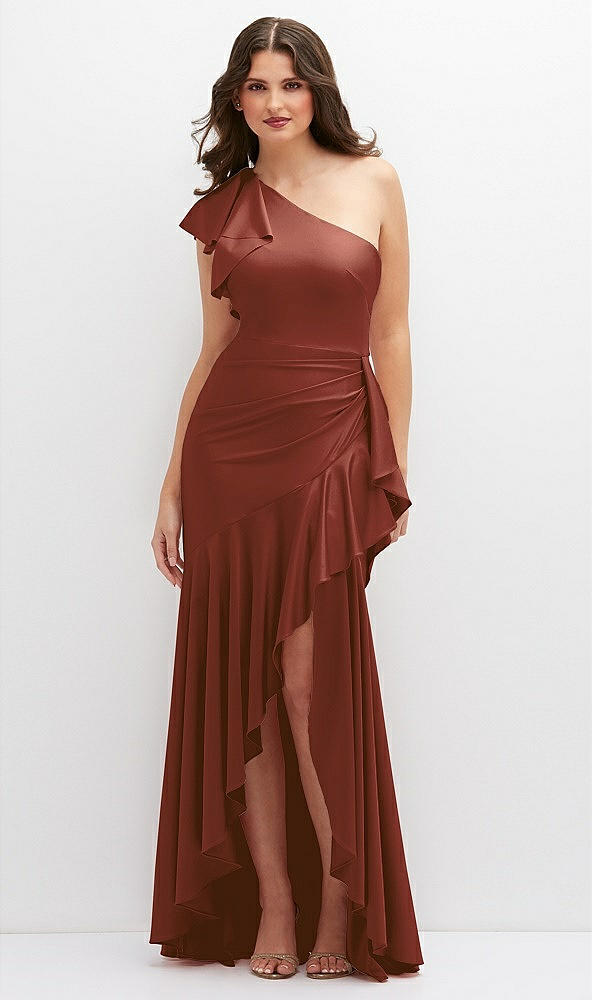 Front View - Auburn Moon One-Shoulder Stretch Satin Mermaid Dress with Cascade Ruffle Flamenco Skirt