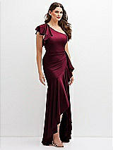 Side View Thumbnail - Cabernet One-Shoulder Stretch Satin Mermaid Dress with Cascade Ruffle Flamenco Skirt