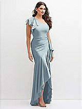 Side View Thumbnail - Mist One-Shoulder Stretch Satin Mermaid Dress with Cascade Ruffle Flamenco Skirt